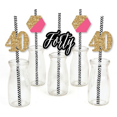 Big Dot of Happiness Chic 40th Birthday - Pink, Black and Gold Paper Straw Decor - Birthday Party Striped Decorative Straws - Set of 24