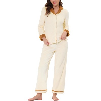 cheibear Women's Flannel Button Down Lounge Warm Winter Long Sleeves Pajama Set