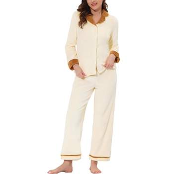 Cheibear Women's Soft Warm Fluffy Fleece Button Down Long Sleeve Sleepwear  With Pockets Pajama Set Beige Medium : Target