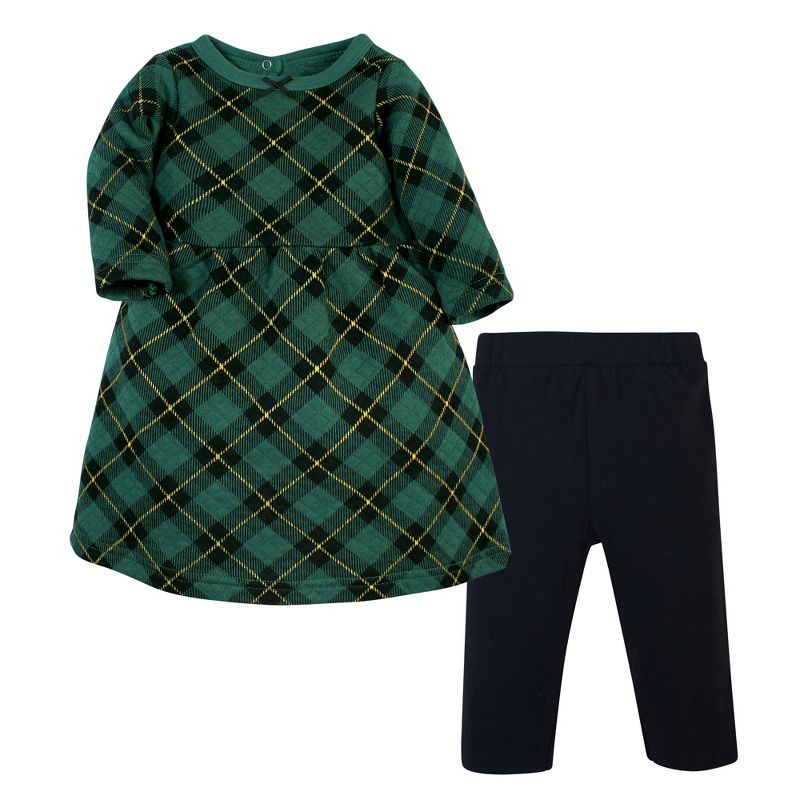 Hudson Baby Infant and Toddler Girl Quilted Cotton Dress and Leggings, Forest Green Plaid, 1 of 6