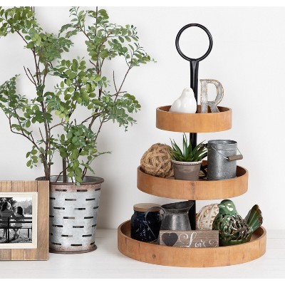 Rustic Brown Wood and Metal 3-Tiered Round Display Tray