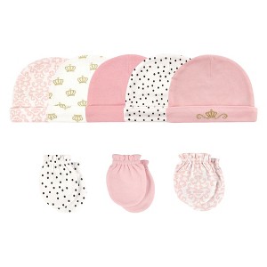 Hudson Baby Infant Girls Cotton Cap and Scratch Mitten 8pc Set, Crown, 0-6 Months - 1 of 1