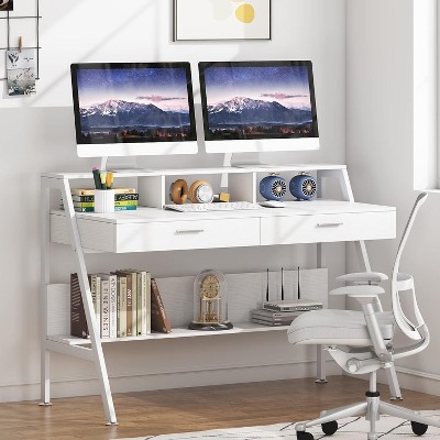 White Wood 47" Computer Desk with Drawers and Shelf