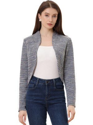 Allegra K Women's Elegant Cardigan Plaid Open Front Office Shrug Long Sleeve Cropped Bolero Top