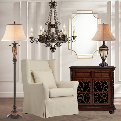 Bronze Traditional Floor Lamp with Faux Marble and Linen Shade