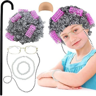 4E's Novelty Old Lady Costume for Kids 7 Pcs Set - for 100 Day of School Grandma Costume for Girls, Gray Curly Wig
