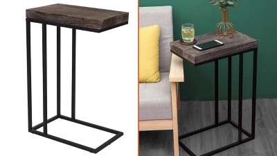 Rustic Brown Torch Carbon C-Shaped End Table with Metal Frame