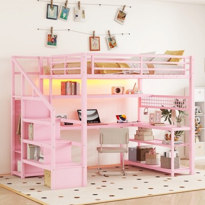 TiramisuBest Full Size Loft Bed with Staircase and Wardrobe, Metal Loft Bed with Desk, Storage Shelves, LED Lights and Charge Station