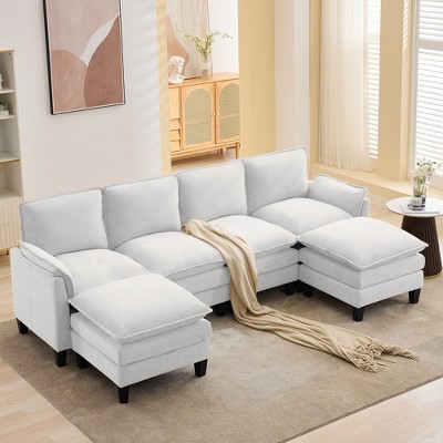 HYLEORY 100.79'' Width Modern Linen Flannel Fabric U-Shaped Sectional Sofa with Ottoman for living room
