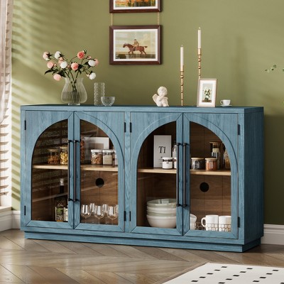 4-Door Arched Glass Sideboard Buffet Cabinet with Adjustable Shelves, Retro MDF & Rubber Wood Storage for Kitchen, Dining Room