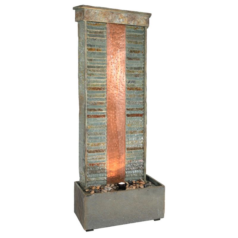 Sunnydaze 48"H Electric Natural Slate with Copper Accents Rippled Column Outdoor Water Fountain with LED Spotlight, 1 of 12