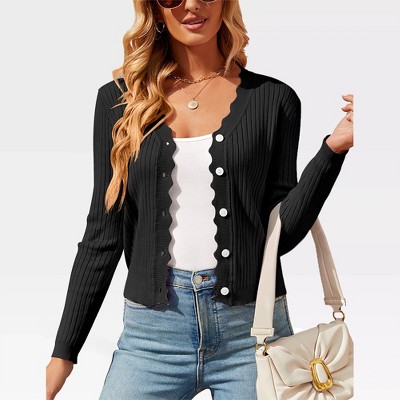 Women's V Neck Lightweight Knit Cardigan with Long Sleeves and Front Button Down Elegant Shrugs for Dresses,Black - 2XL
