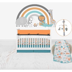 Bacati - Jungle Safari Boys Aqua/Orange Muslin 6 pc Crib Bedding Set with Crib Musical Mobile - 1 of 4