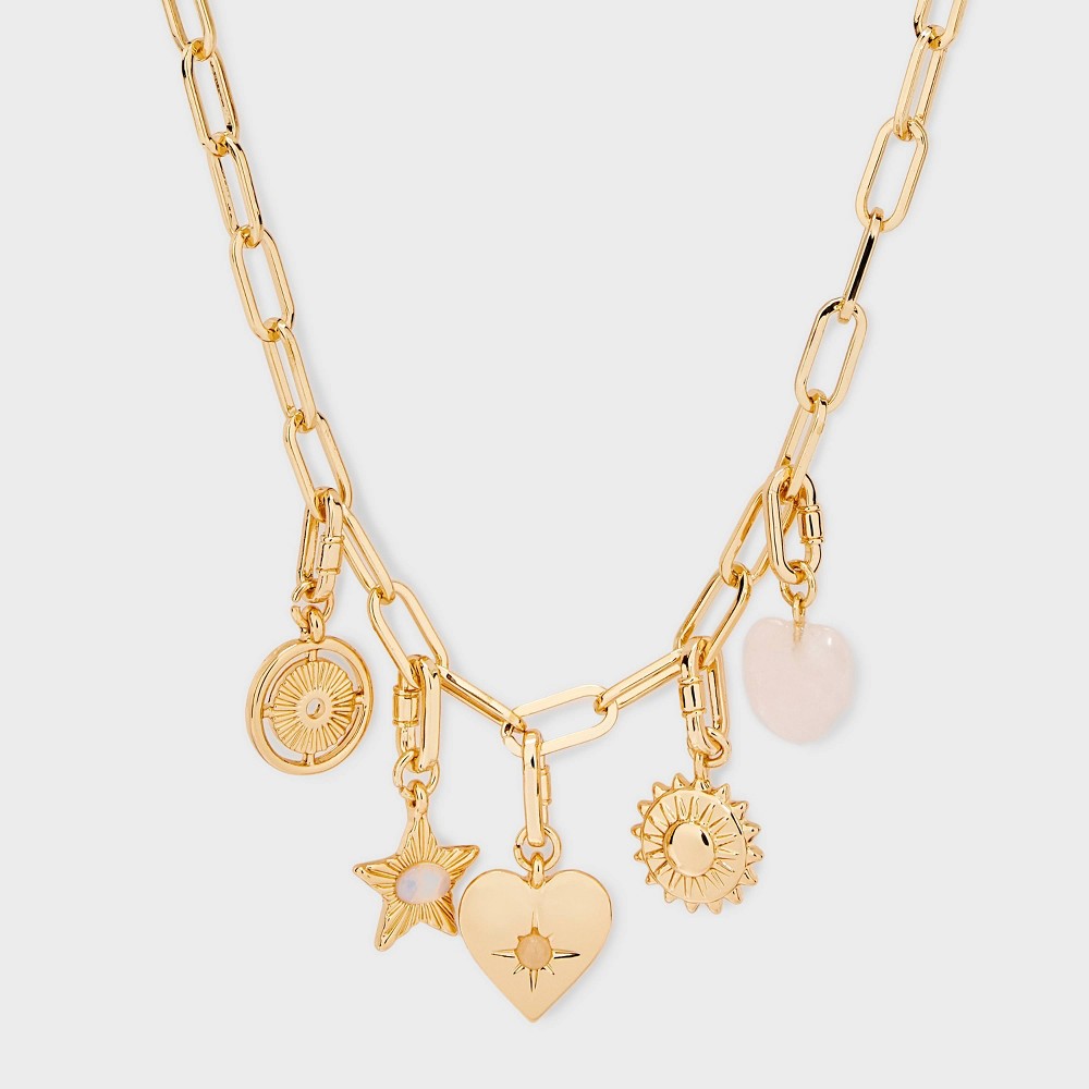 Paperclip Link Necklace with Semi Precious Rose Quartz Heart and Moonstone Star Charms - Universal Thread™ Gold -  91467545