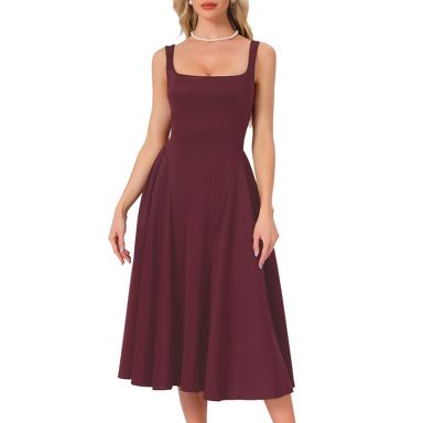 INSPIRE CHIC Women's Sleeveless Square Neck Midi Swing A-Line Party Wedding  Guest Dresses Large Wine Red : Target