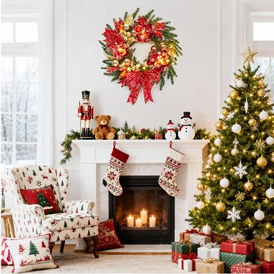 TackView 24Inch Christmas Wreath, Artificial Wreath with Berries, Flowers, Holiday Decorations for Indoor Outdoor Mantel Door, Red