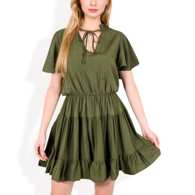 Anna-Kaci Women's Flutter Sleeve Tiered Dress with Tie Neck and Ruffle Hem