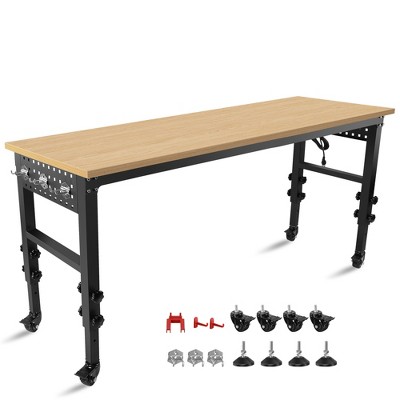 Adjustable Workbench, Rolling Heavy-Duty Workstation With Power Outlets Wheels, Rubber Wood Top Worktable For Garage Office Workshop Home