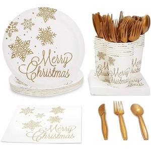 Juvale 144 Piece Merry Christmas Party Plates, Napkins, Cups, Cutlery, Gold Snowflakes Design, Serves 24 - 1 of 4