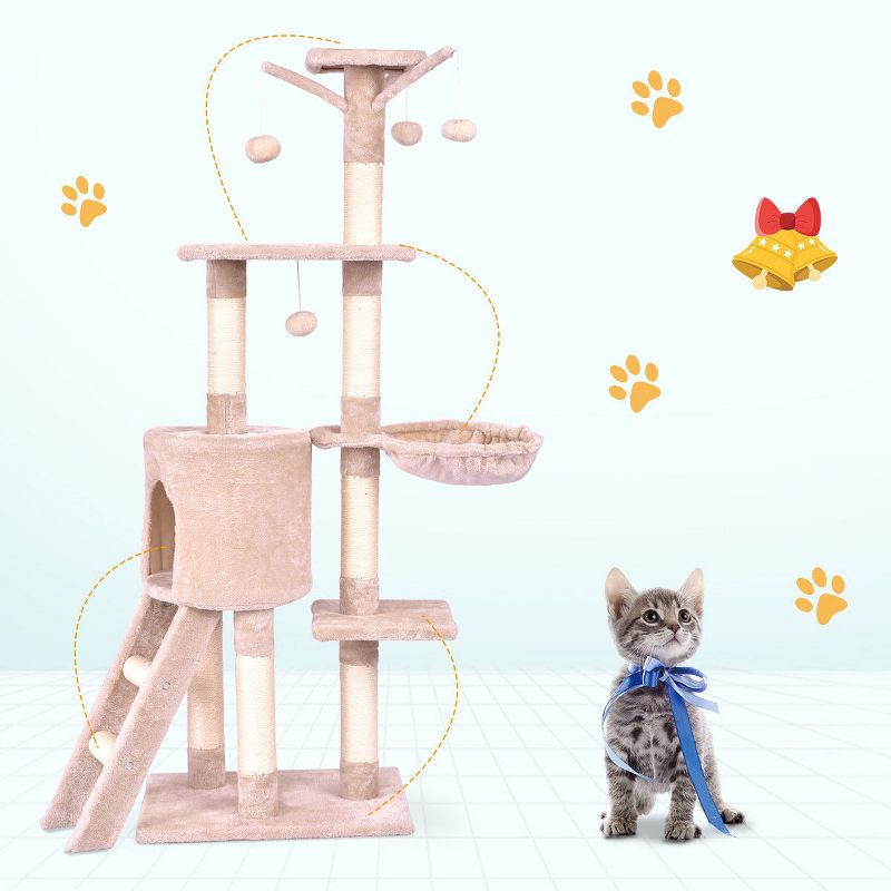 Costway 56'' Cat Tree Kitten Pet Play House Furniture Condo Scratching Posts Ladder Beige, 4 of 13