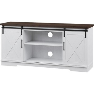 Farmhouse TV Stand for Televisions up to 65 Inches, Entertainment Center with Sliding Barn Doors, Storage Cabinets＆Adjustable, White & Brown - 1 of 4