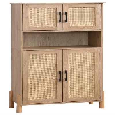 GlasFlength Utility Storage Cabinets Mid Century Modern Cabinet with Woven Rattan Doors for Living Room Dining Room, Beige, 23.6"*11.8"*46.5"