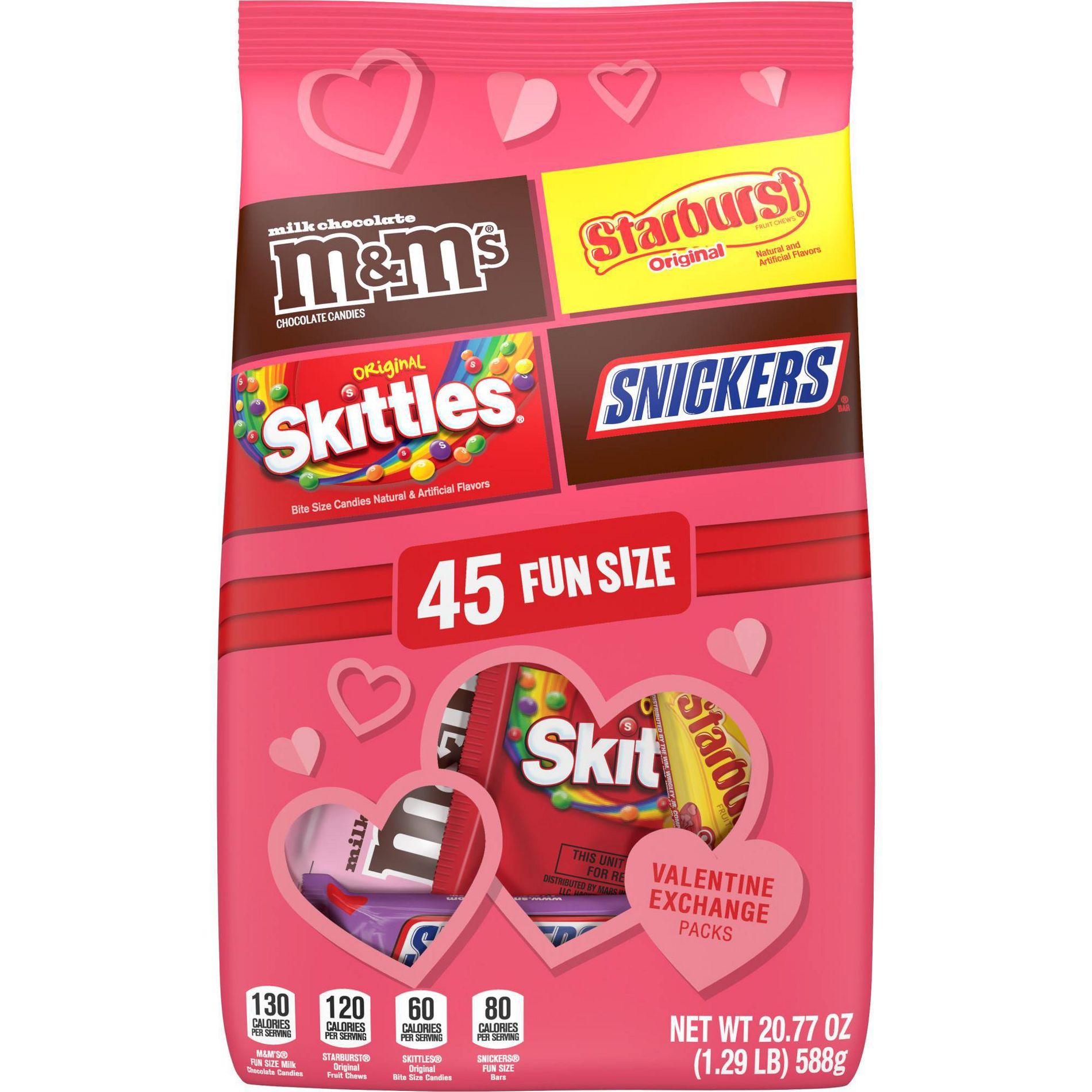Mars M&M'S Snickers Skittles and Starburst Valentine's Day Chocolate and Fruity Candy Fun Size Candy Variety Pack - 20.77oz/45ct