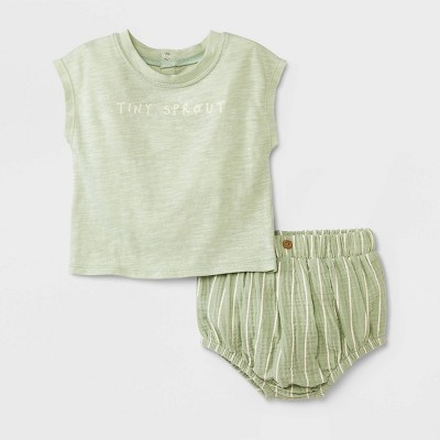 Grayson Collective Baby Short Sleeve Slub Jersey & Gauze Bloomer Set - Sage Green Newborn