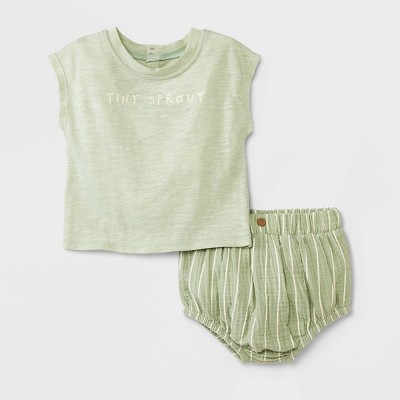Image of Grayson Collective Baby Short Sleeve Slub Jersey & Gauze Bloomer Set - Sage Green 6-9M