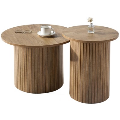 AMERLIFE Rustic Nesting Coffee Table Set, Round Wood Finish Side Tables for Living Room, Natural