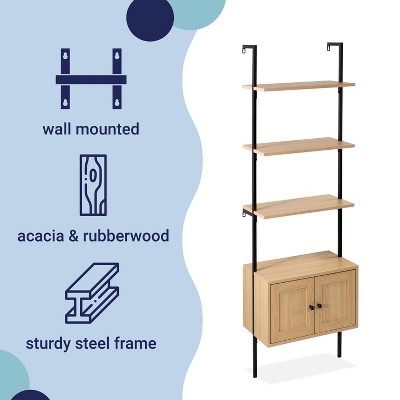 Light Oak and Black Wall-Mounted Ladder Bookcase with Cabinet