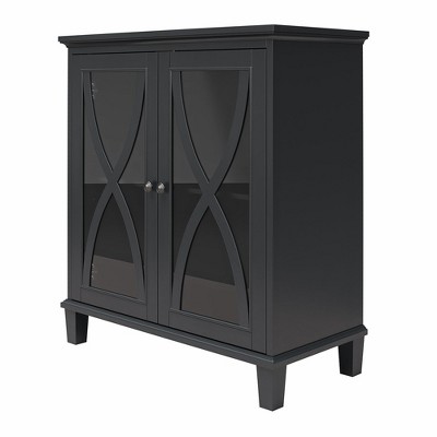 Black Glass-Paned Double Door Accent Cabinet with Adjustable Shelves