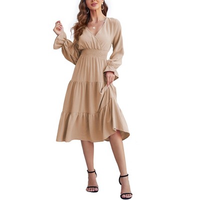Women's Wrap V Neck Midi Dress Casual Long Sleeve Smocked Waist A Line Pleated Tiered Flowy Long Dress