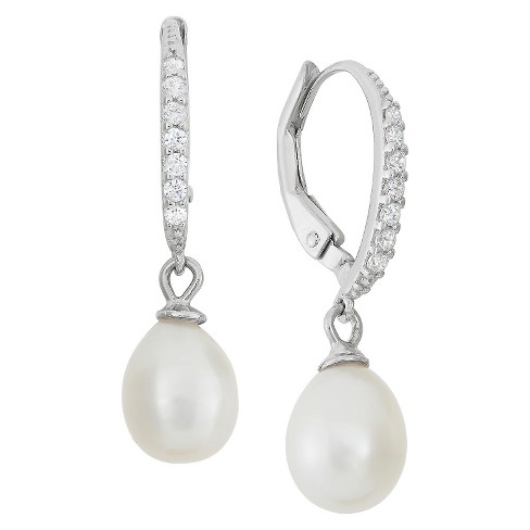 Dangling 6mm Pearl with Cubic Zirconia Side Stones in Sterling Silver Drop  Earrings