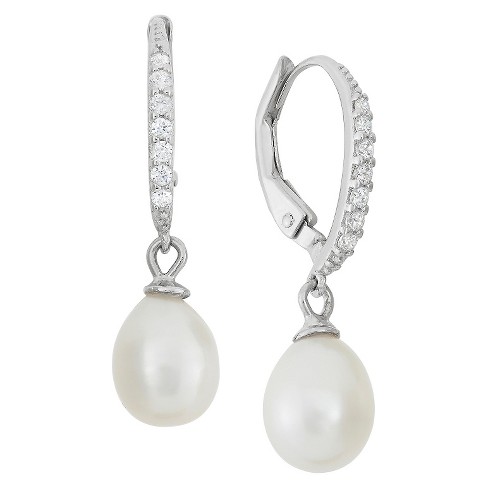 Dangling 6mm Pearl with Cubic Zirconia Side Stones in Sterling Silver Drop Earrings - image 1 of 1