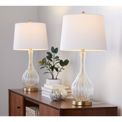 Set of 2 Gold and Clear Crackle Glass Table Lamps with White Linen Shades
