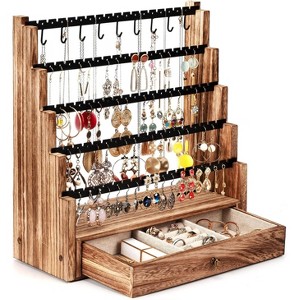 5-Layer Wooden Earring Organizer with 175 Holes & Necklace Pole, Rustic Display Stand for Stud Earrings & Bracelets - 1 of 4