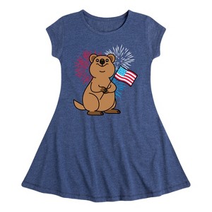 Girls' - Instant Message - Quokka with American Flag & Fireworks Fit & Flair Cap Sleeve Graphic Dress - 1 of 4