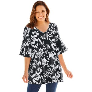 Woman Within Plus Size Ruffled Elbow-Sleeve Tunic - 1 of 4
