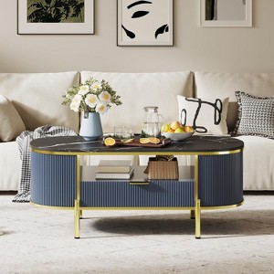 Acekool 48" Oval Coffee Table with Faux Marble Top, Gold Metal Legs, Fluted Wood Design & Storage Drawer, Modern Navy Blue Living Room Table - 1 of 4