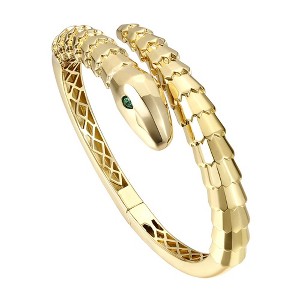 14K Gold-Plated Bypass Bangle Bracelet with Emerald Cubic Zirconia and a Textured Coiled Serpent Design, it gives a luxurious detail elegant look. - 1 of 3