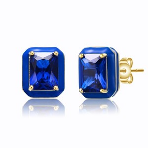 Guili Radiant Blue Enamel Halo Stud Earrings in 14k Yellow Gold Plating with Blue Sapphire Cubic Zirconia, A Bold & Elegant Statement Piece - 1 of 2