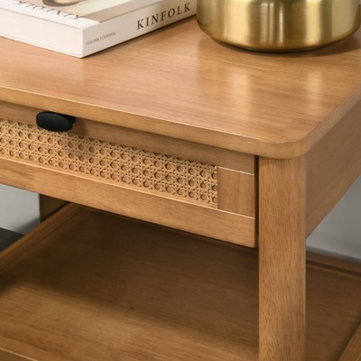Light Walnut Rubberwood and MDF Nightstand with Woven Drawer