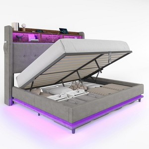 AMERLIFE Bed Frame 53.1"H with Lift Storage, Headboard Storage & RGB LED - 1 of 4