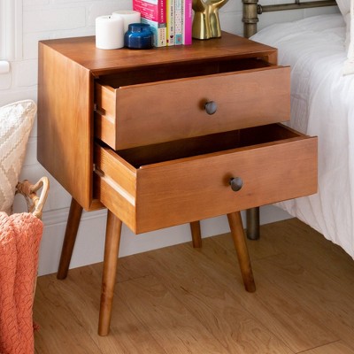 Caramel Pine 2-Drawer Nightstand with Tapered Legs and Antique Metal Handles