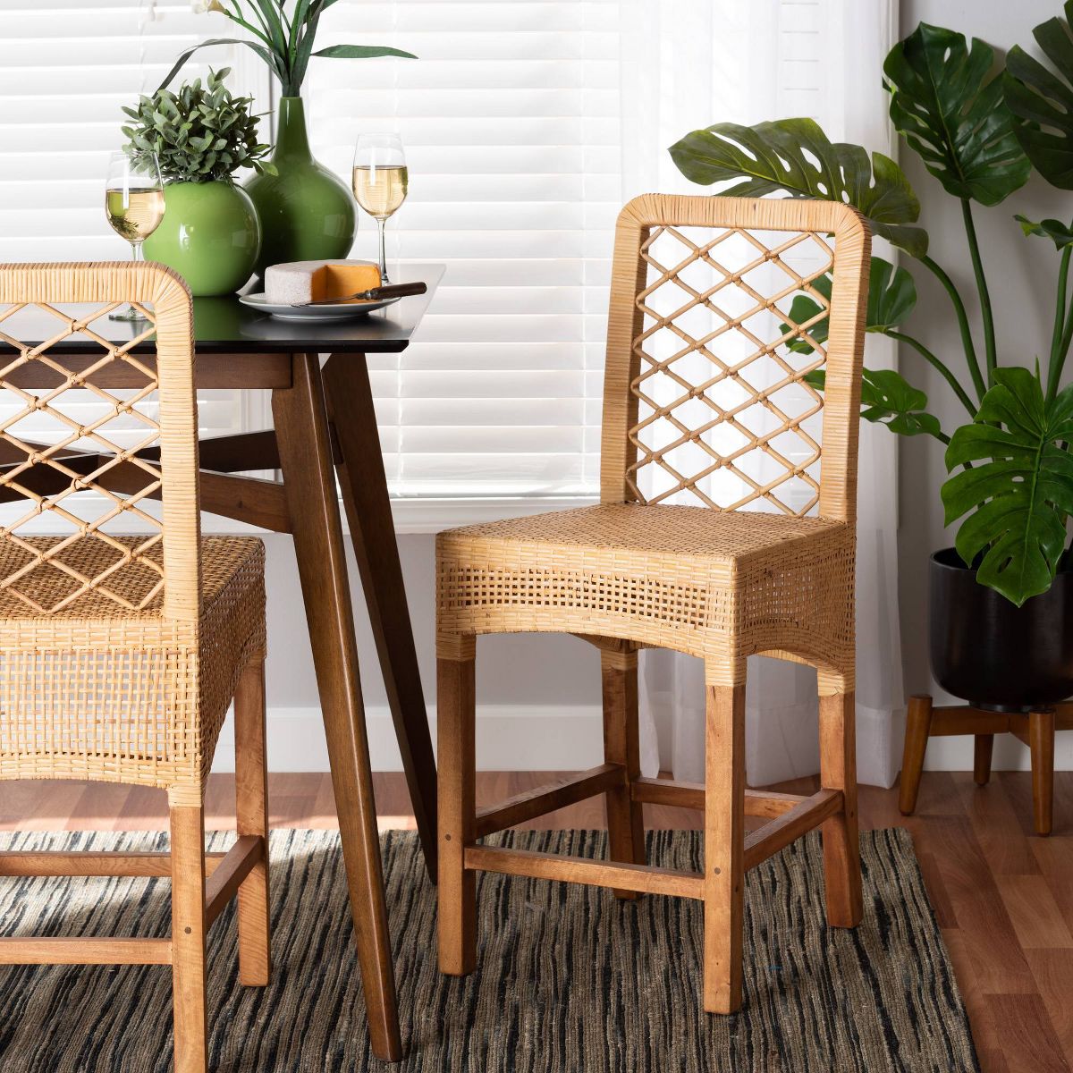bali & pari Moscow Rattan and Wood Counter Height Barstool Natural/Walnut: Bohemian Style, Mango Frame, No Assembly Required - thumbnail 2