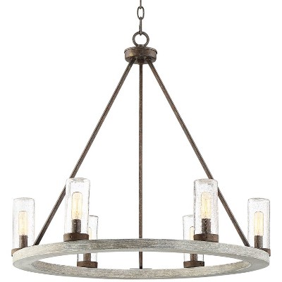 Franklin Iron Works Gray Wood Bronze Wagon Wheel Chandelier 27" Wide Industrial Seeded Glass Shades 6-Light Fixture Dining Room