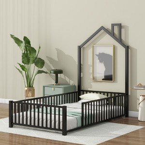 CAVINAS Twin/Full Size House Platform Bed Frame with Guardrail & Chimney,Metal Floor Bed for Kids Room,Bedroom - 1 of 4