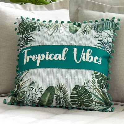 Tropical Vibes Green and White Embroidered Square Pillow
