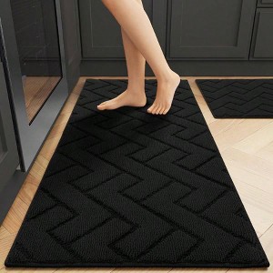 Kitchen Runner Rug and Mats Set 2 Pieces Absorbent Polypropylene Non - Slip Soft Comfort Floor Washable Black Kitchen - 1 of 4